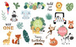 Safari object set with fox,giraffe,zebra,lion,leaves,elephant. illustration for logo,sticker,postcard,birthday invitation.Editable element