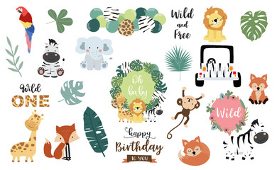 safari object set with fox,giraffe,zebra,lion,leaves,elephant. illustration for logo,sticker,postcar