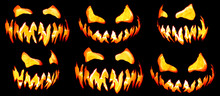 Collection Of Scary Halloween Pumpkin Jack O Lantern Faces Glowing Red And Yellow Eerily On Black