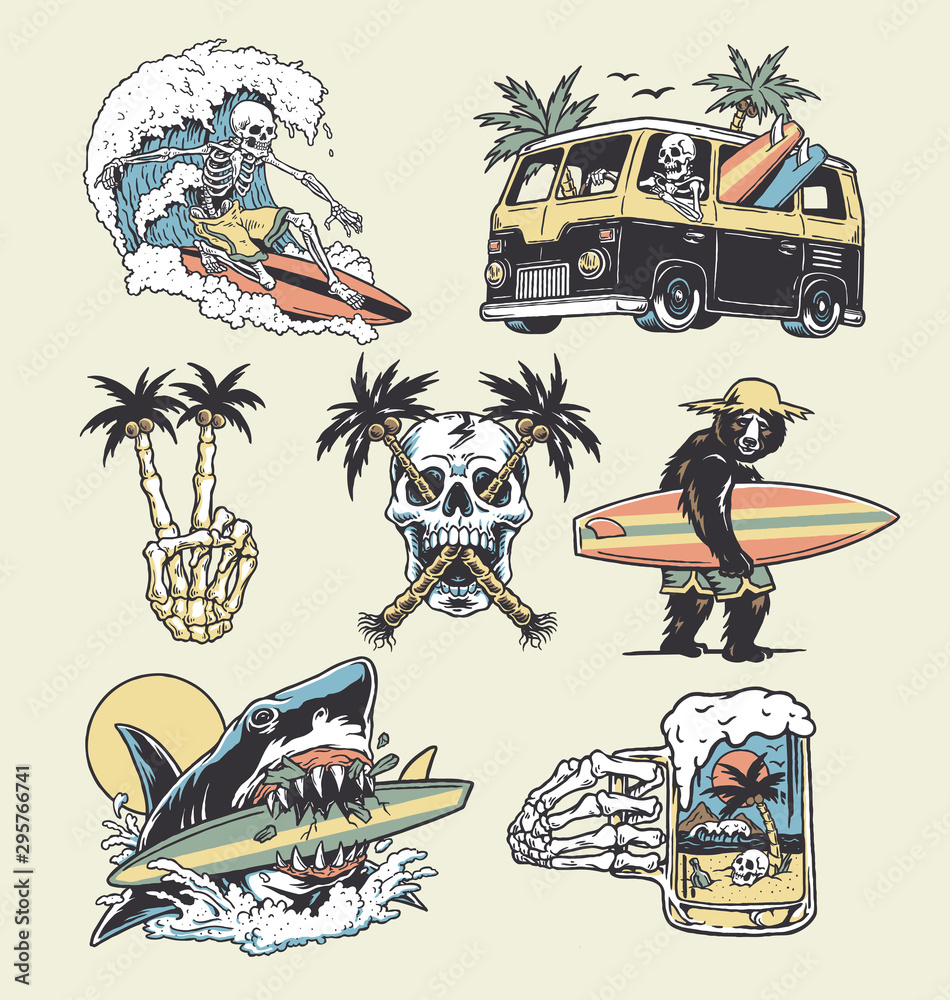 A set of edgy surf and beach illustrations. For t-shirts, stickers and other similar products. - obrazy, fototapety, plakaty 