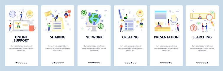 Poster - Mobile app onboarding screens. Online support, presentation, search and global network. Menu vector banner template for website and mobile development. Web site design flat illustration