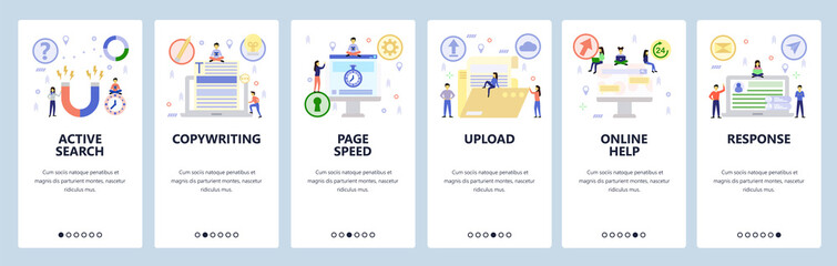 Mobile app onboarding screens. Dating, copywriting, files upload, online help. Menu vector banner template for website and mobile development. Web site design flat illustration