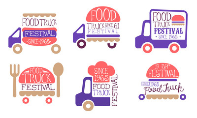 Wall Mural - Food Truck Festival Vintage Labels Set, Street Food Signs Vector Illustration