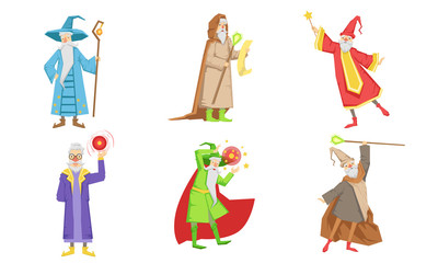 Poster - Old Fairytale Wizard Characters Set, Male Magician or Warlock in Hat and Mantle Practicing Wizardry Vector Illustration