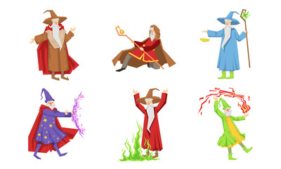 Sticker - Old Wizard Characters Set, Male Magician or Warlock in Robe Practicing Wizardry Vector Illustration