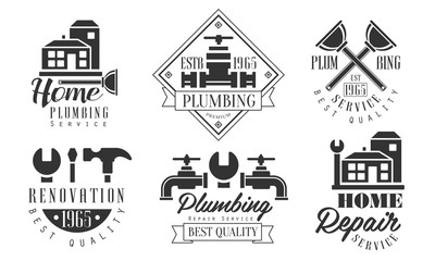 Plumbing Service Best Quality Retro Labels Set, Home Repair Black Badges Vector Illustration