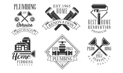 Plumbing Service Beat Quality Retro Labels Set, Home Renovation Black Badges Vector Illustration