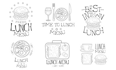 Sticker - Time to Lunch Hand Drawn Retro Labels Set, Best in Town Fresh Natural Food Menu Monochrome Badges Vector Illustration