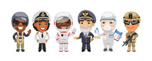 A Group Of People With Different Professions Stand On A White Background. Soldier, Ship Captain, Astronaut, Scientist And Pilots. Flat Style Cartoon Characters.