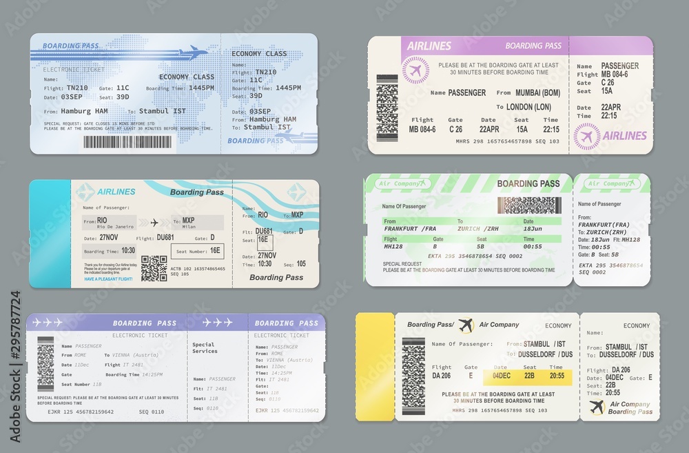 Boarding pass tickets with barcodes and QR codes - obrazy, fototapety, plakaty 