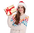 © New Africa - Happy young woman in Santa hat and sweater with gift box on white background. Christmas celebration