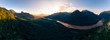 Aerial panoramic Nam Ou River Nong Khiaw Muang Ngoi Laos, sunset dramatic sky, scenic mountain landscape, famous travel destination in South East Asia