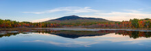 Mount Monadnock, New Hampshire. Aerial Drone View Over Water In Autumn With Reflection.