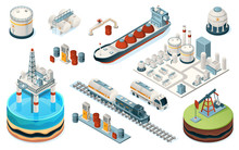Set Of Isolated Oil Industry Equipment. Isometric Icons For Fuel, Gasoline And Petrol Production. Plant And Pipe, Sea Platform And Tanker, Train And Truck, Pump, Gas Station, Tank. Industrial Factory