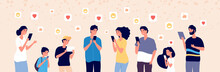 People Chatting Online. Adult And Kids With Gadgets In Social Media Always Adding Followers. Internet Addiction Vector Concept. Illustration Online Woman, Man And Kids With Device