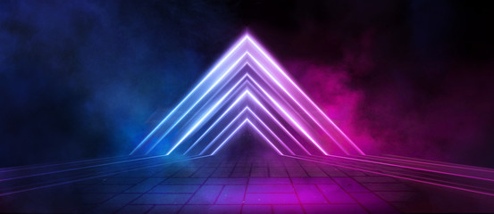 Wall Mural - dark background of the street, thick fog, spotlight, blue and red neon. abstract background with neo