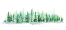 Green Landscape Of Foggy Forest, Winter Hill. Wild Nature, Frozen, Misty, Taiga. Watercolor Background