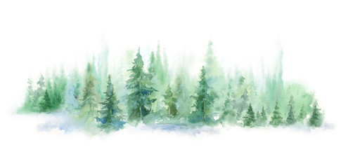 Wall Mural - Green landscape of foggy forest, winter hill. Wild nature, frozen, misty, taiga. watercolor horizontal background