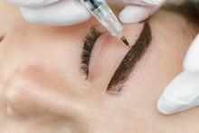 Permanent Makeup, Tattooing Of Eyebrows. Cosmetologist Applying Make Up