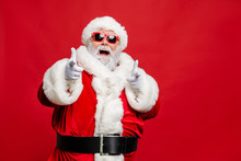 Choose Winter Season Sales. Close Up Photo Of Cool Stylish Trendy Santa Indicate Discount Shopping Bargain Wear Eyeglasses Eyewear Cap Hat Isolated Over Red Background