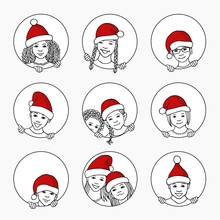 Hand Drawn Illustration Of Diverse Children With Santa Hats, Looking Through Round Circle Windows 