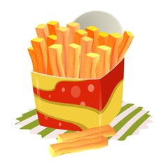 Appetizing, crispy, salty french fries in paper cup. Hot potato finger chips in disposable packing on napkin. Fast street food for snack. Cartoon vector illustration isolated on white background.