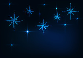 Wall Mural - Starry sky with glowing nativity stars web banner template for Christmas on dark blue background.