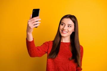 Poster - Photo of gorgeous cute fascinating charming girl taking selfie recording video smiling toothily isolated over yellow vivid color background