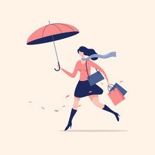 Woman Walking Or Running With Umbrella And Shopping Bags. Autumn Seasonal And Holiday Shopping. Vector Illustration.