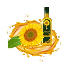 Wall Mural - Realistic sunflower oil. Vector oil drops and yellow flower with green leaf. Glass bottle and sunflower. Drop oil sunflower, wave organic illustration