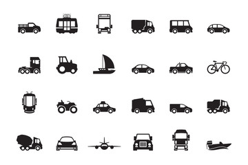 Wall Mural - Transport silhouette. Airplanes ship car train vehicle logistic icons vector transporting symbols. Ship and vehicle transportation, car and public transport illustration