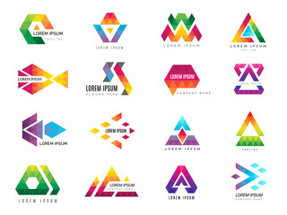 Wall Mural - Triangle logo. Business advertizing template polygonal colored symbols of identity vector pictogram collection. Triangle business graphic, geometric template logo, logotype geometry illustration