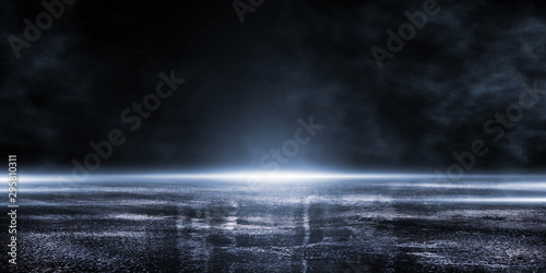 Cuadros en Lienzo 3D rendering abstract dark empty scene, blue neon searchlight light, wet asphalt, smoke, night view, rays