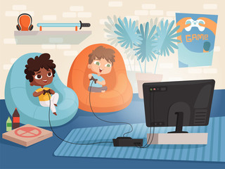 Sticker - Video game room. Kids at sofa playing at console game with two gamepad controllers and tv interior of childrens home vector background. Illustration video game, boy and girl gaming console