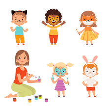 Face Painting. Kids Makeup Funny Animals Cartoon Boys And Girls Teacher Drawing On Face Vector Characters. Illustration Cartoon Face Makeup, People Kids In Mask Animal