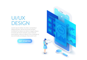 Poster - UI design concept with smartphone, woman and magnifier. Isometric vector illustration. Landing page template for web.