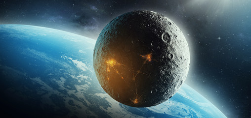 moon colonization futuristic space science fiction 3d illustration