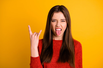 Sticker - Photo of cruel rude rock fan showing you fingers crossed sticking tongue out isolated over vivid color background