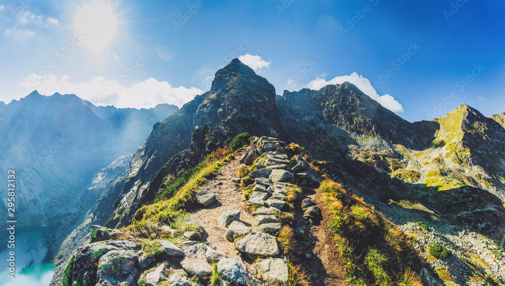Hiking trail in Tatra mountains in Poland. Toward Koscielec peak - obrazy, fototapety, plakaty 