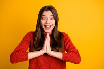 Sticker - Photo of white cheerful charming cute sweet girlfriend with her hands folded hoping pleading you with toothy smile isolated over vivid color background