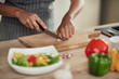 © nenadaksic - Close up of mixed race woman in apron standing in domestic kitchen and cutting garlic.