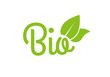 Bio icon or logo. Healthy food and product label with green leaves. Vector illustration.