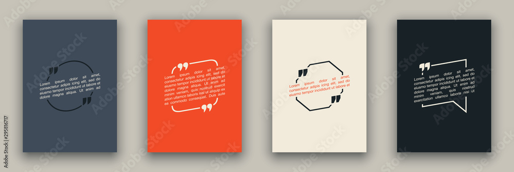 Quote speech bubble blank templates set. Text in brackets on flat paper, citation frames, quote bubbles. Textbox isolated on color background. Modern typography flat design cloud. Vector illustration. - obrazy, fototapety, plakaty 