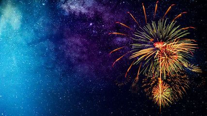 Wall Mural - fireworks with blur milky way background