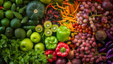 Fototapeta Niebo - Top view different fresh fruits and vegetables organic on table top, Colorful various fresh vegetables for eating healthy and dieting