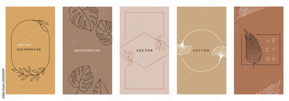 Vector design templates in simple modern style with copy space for text, flowers and leaves - obrazy, fototapety, plakaty 