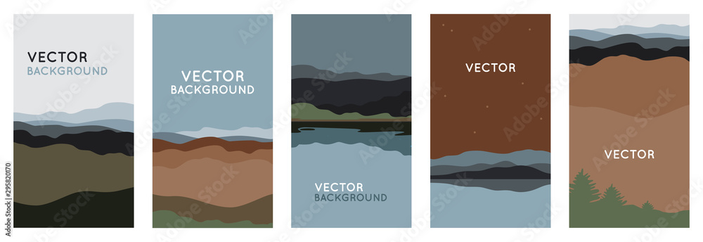 Vector illustration in trendy flat style and with copy space for text - landscape with mountains and hills- vertical banners, backgrounds - obrazy, fototapety, plakaty 