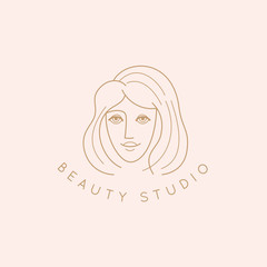 Wall Mural - Vector abstract logo design template in trendy linear minimal style, emblem for beauty studio and cosmetics - female portrait, beautiful woman's face