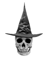 Human skull wearing witch hat