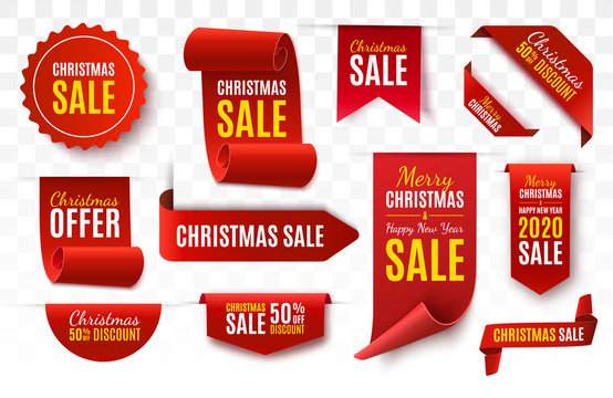 Christmas Sale Tags collection. Red scrolls and banners isolated. Merry Christmas and Happy New Year labels. Vector Price Tags illustration